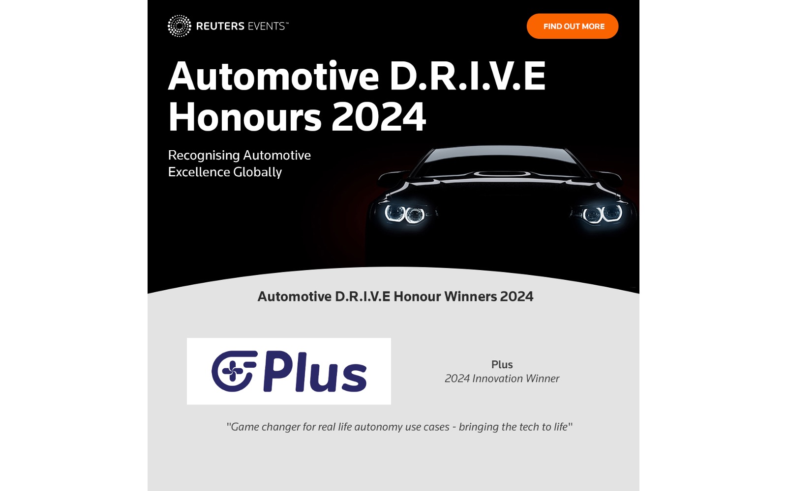 Plus's Level 4 AI-based Autonomous Driving Software, SuperDrive™, Named Innovation Winner for Reuters' 2024 Automotive D.R.I.V.E. Honours