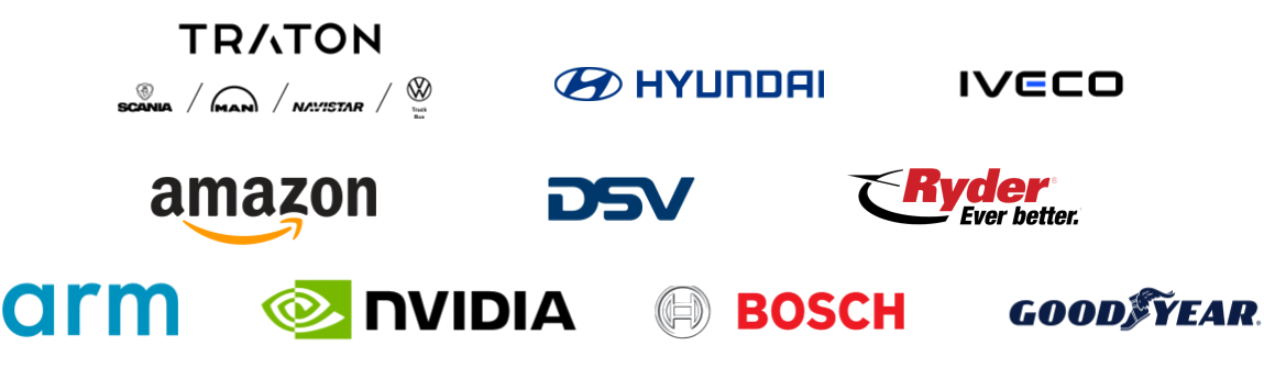 Partners: TRATON GROUP, Scania, MAN, Hyundai, IVECO, Amazon, DSV, Ryder, ARM, NVIDIA, Bosch, Goodyear