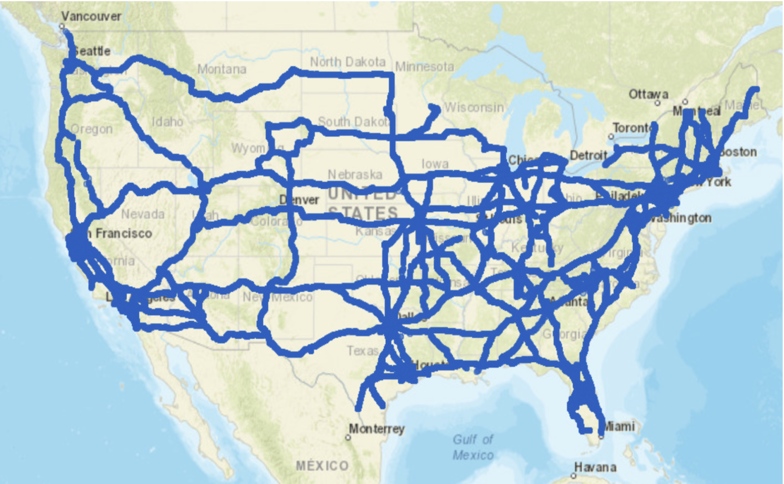 US route coverage map showing millions of miles